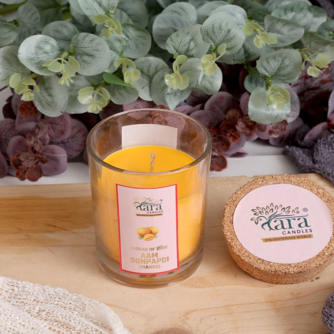Aam Sonpapdi - 1 Wick Scented Candle -  Glass Jar Cork Lid - Tara Candles