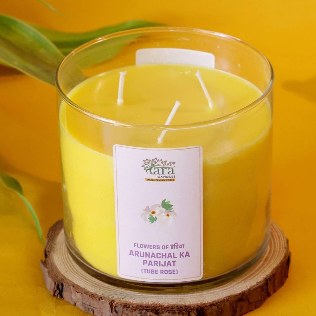 Arunachal Ki Parijat - 3 Wick Scented Candle - Clear Glass Jar - Tara Candles