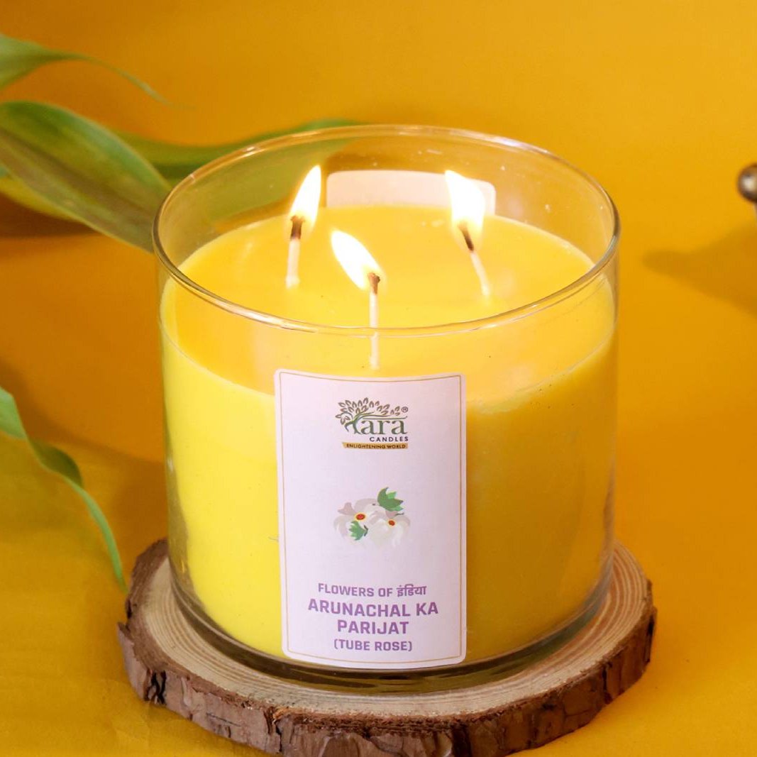 Arunachal Ki Parijat - 3 Wick Scented Candle - Clear Glass Jar - Tara Candles
