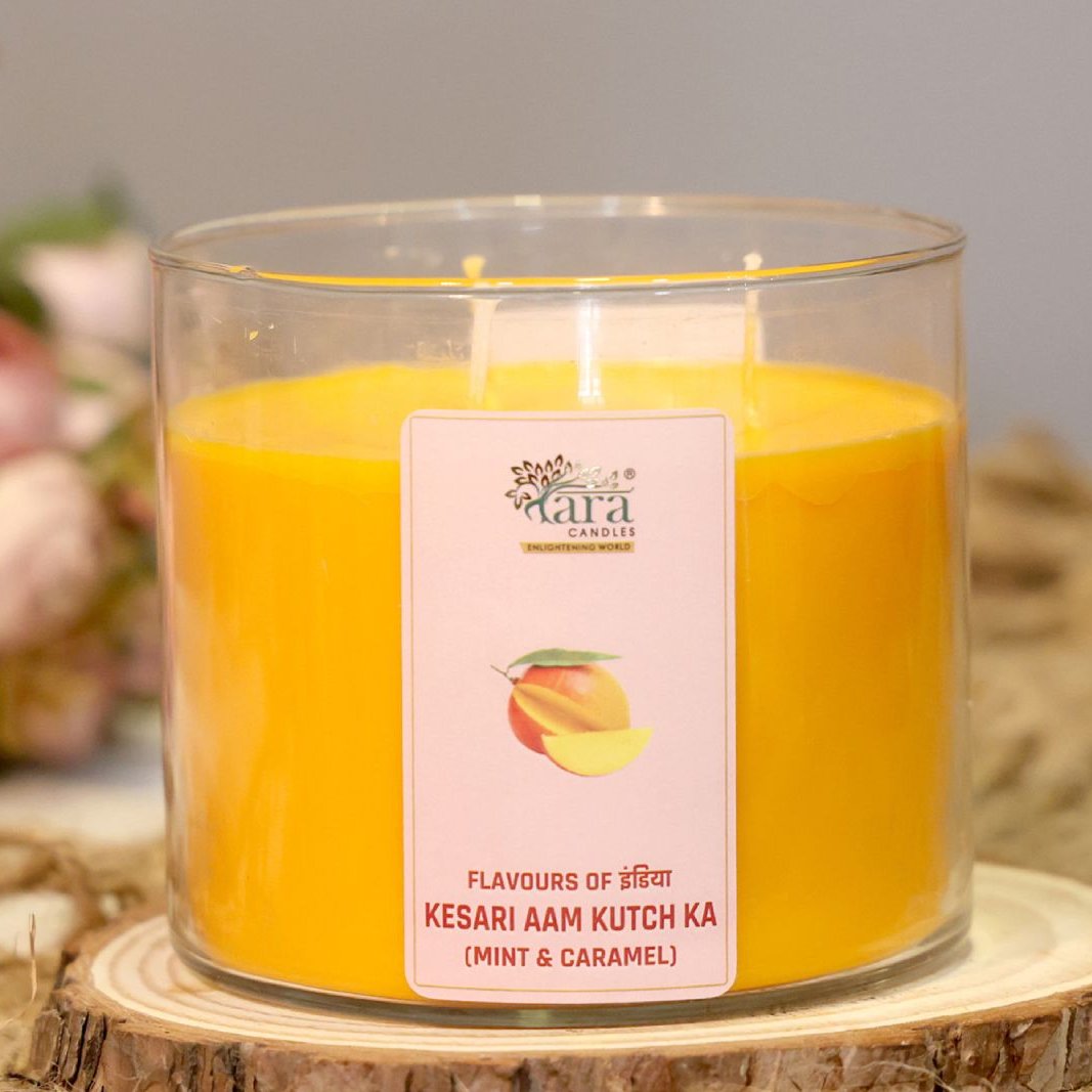 Kesari Aam Kutch Ka - 3 Wick Scented Candle - Clear Glass Jar - Tara Candles