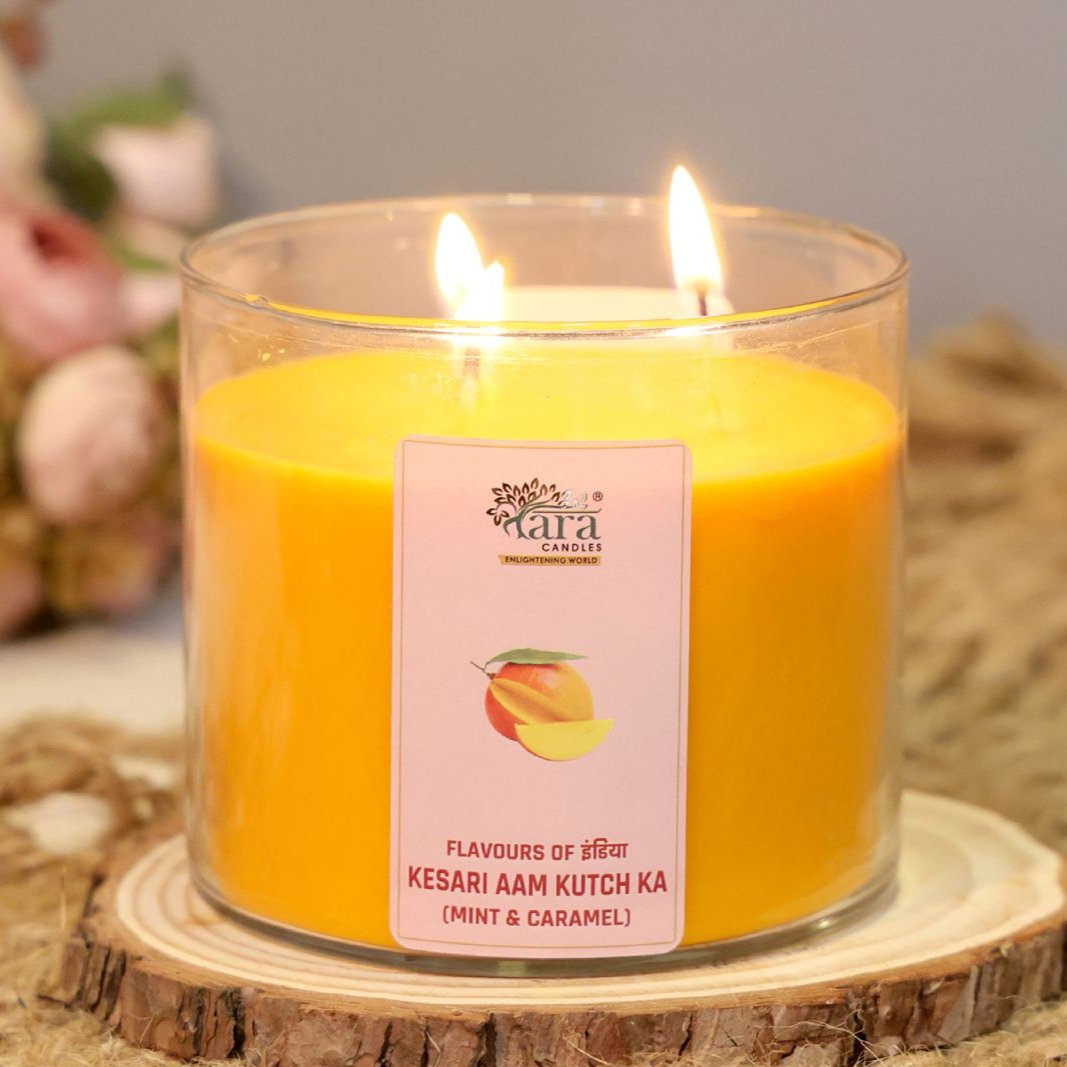 Kesari Aam Kutch Ka - 3 Wick Scented Candle - Clear Glass Jar - Tara Candles