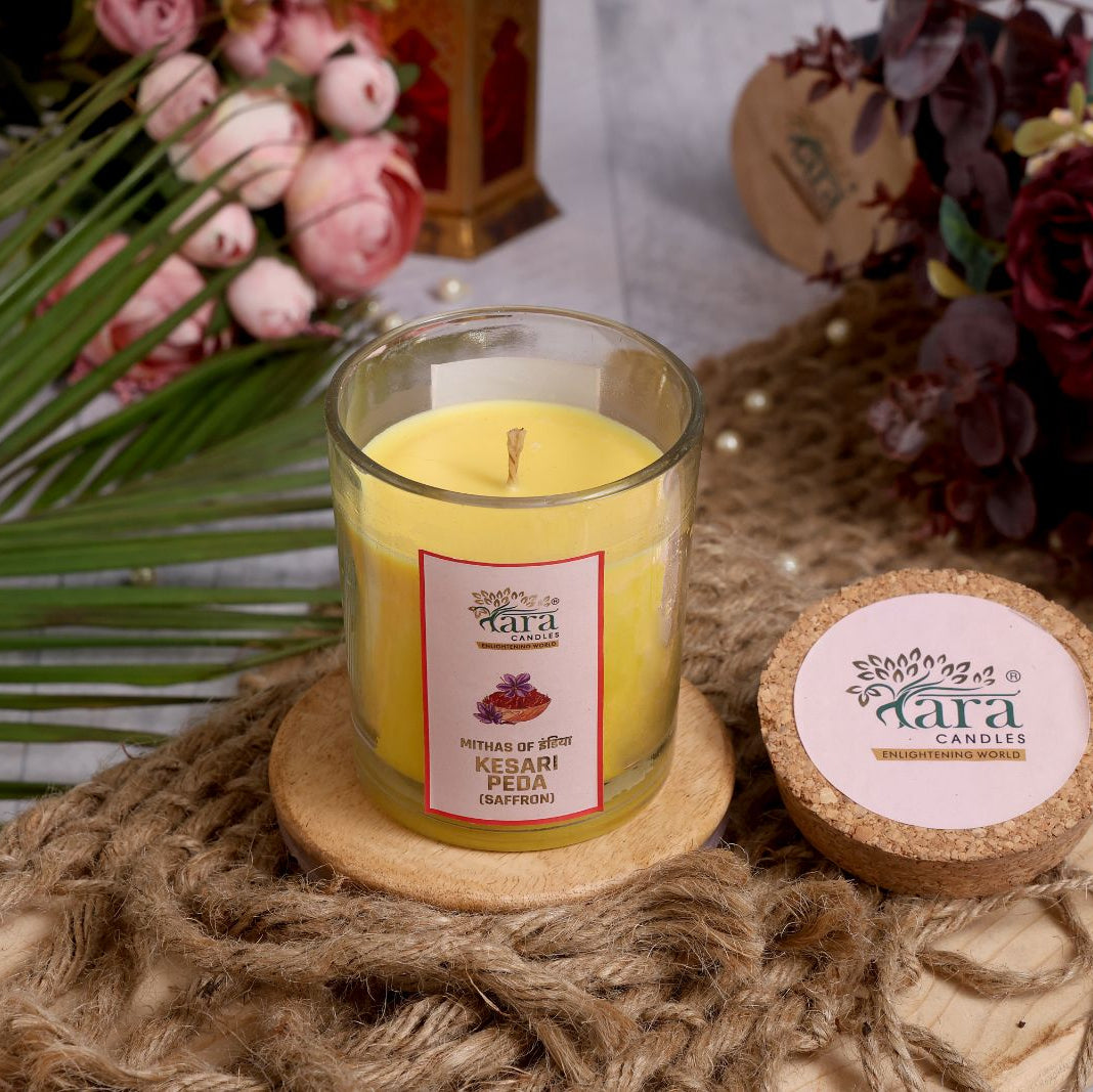 Kesari Peda - 1 Wick Scented Candle -  Glass Jar Cork Lid - Tara Candles