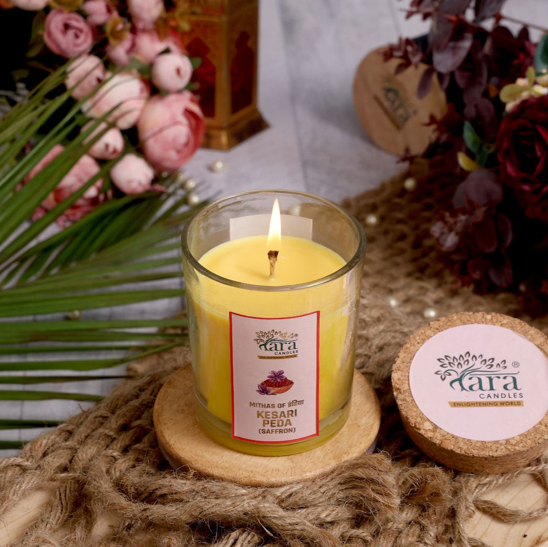 Kesari Peda - 1 Wick Scented Candle -  Glass Jar Cork Lid - Tara Candles