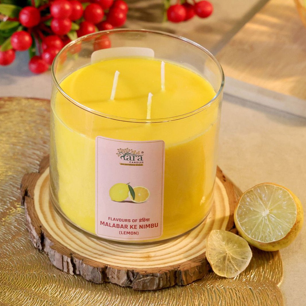 Malabari Ke Nimbu - 3 Wick Scented Candle - Clear Glass Jar - Tara Candles