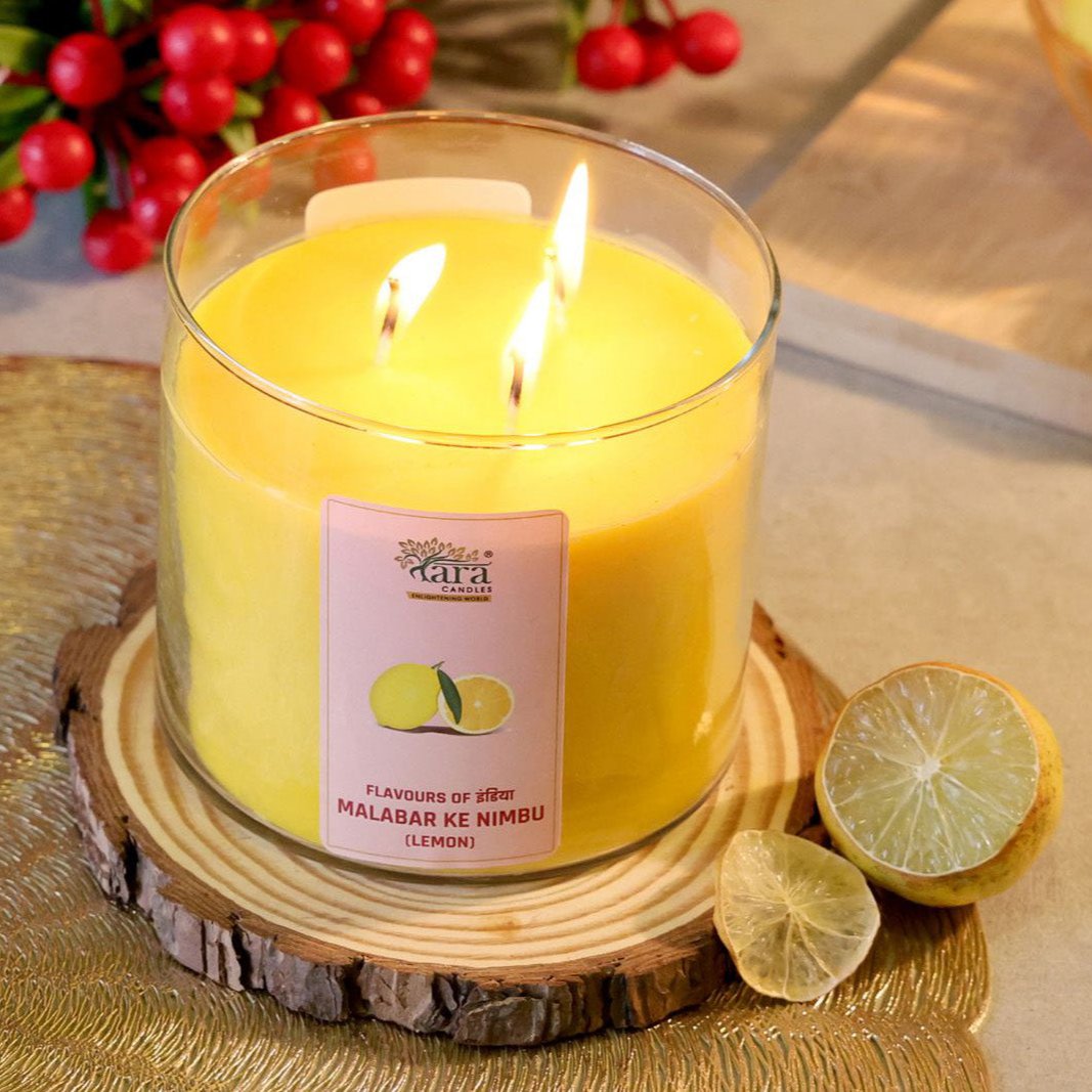 Malabari Ke Nimbu - 3 Wick Scented Candle - Clear Glass Jar - Tara Candles