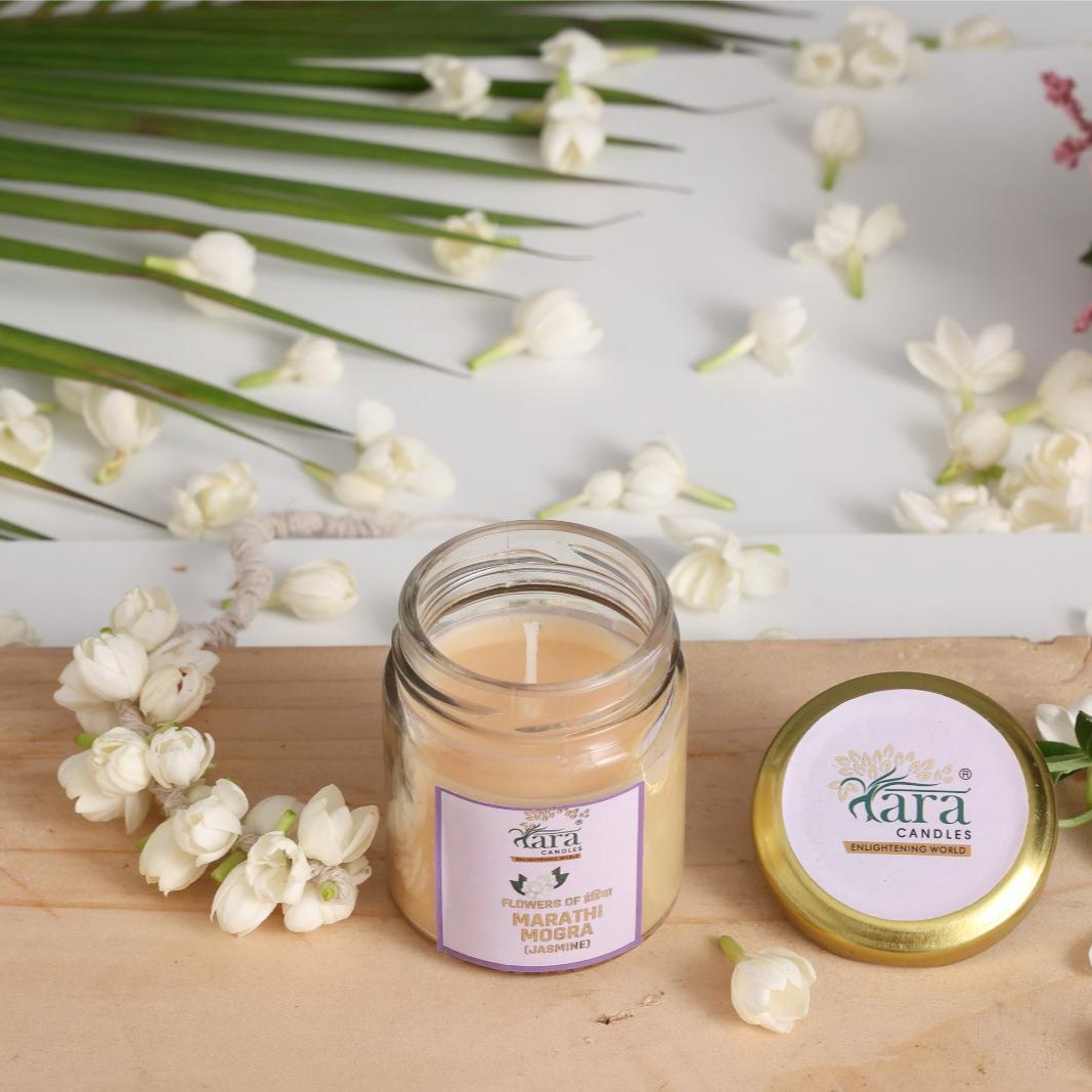 Marathi Mogra - 1 Wick Scented Candle - Plain Glass Jar - Tara Candles