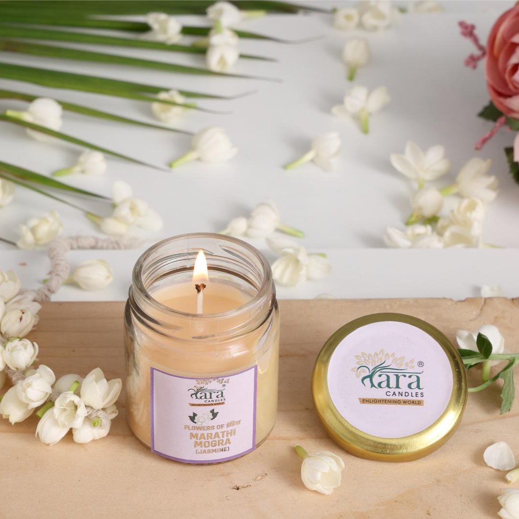 Marathi Mogra - 1 Wick Scented Candle - Plain Glass Jar - Tara Candles