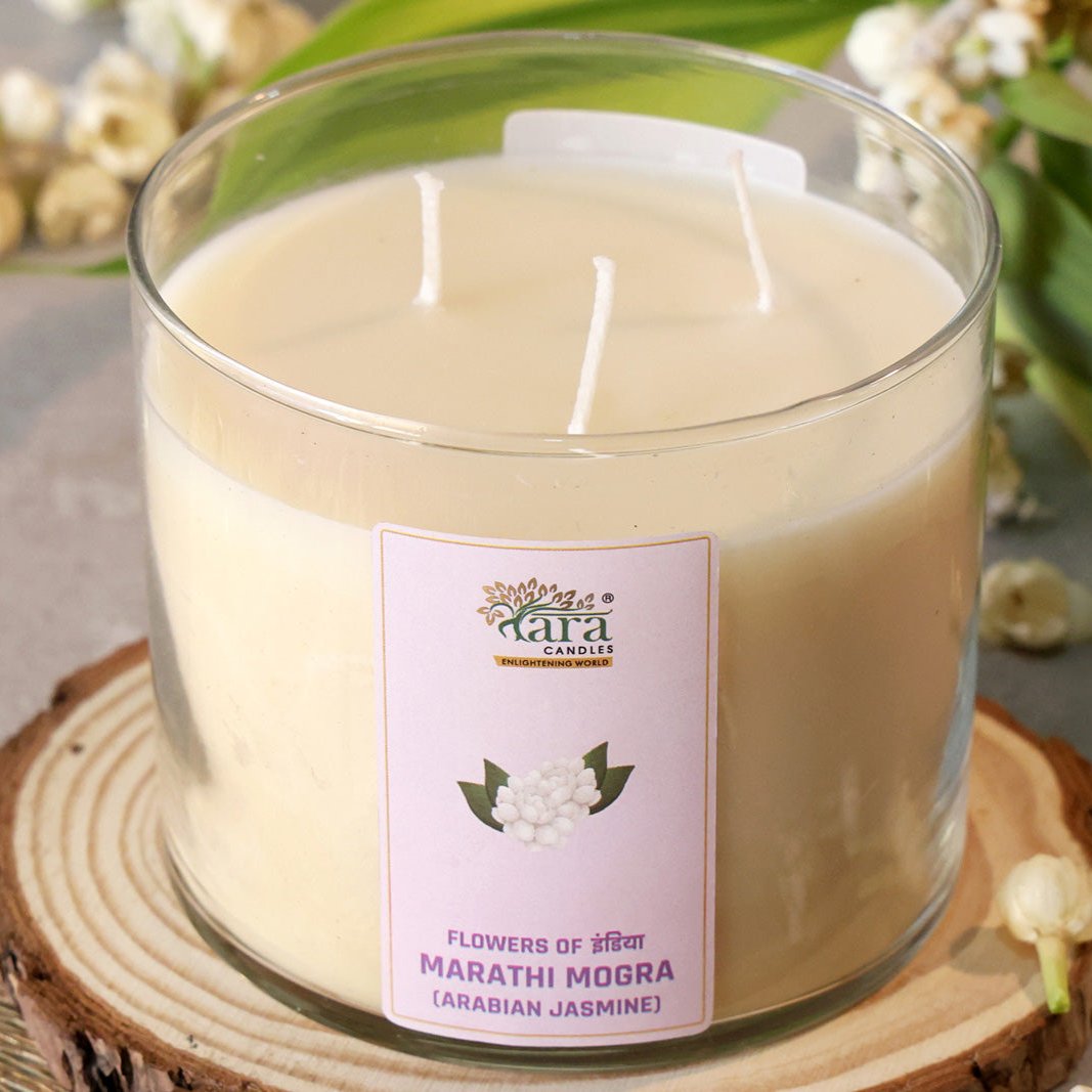 Marathi Mogra - 3 Wick Scented Candle - Clear Glass Jar - Tara Candles