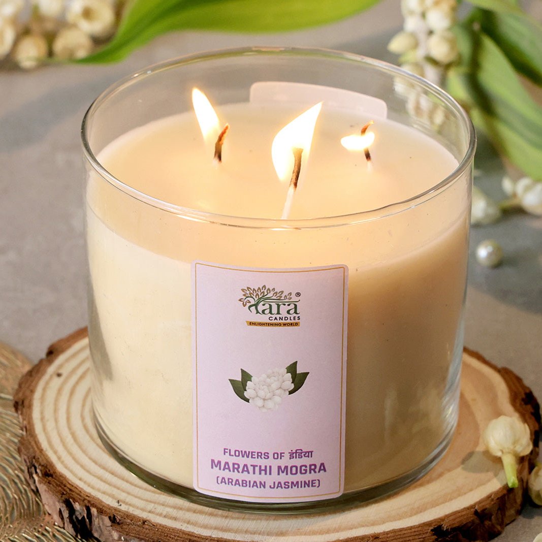 Marathi Mogra - 3 Wick Scented Candle - Clear Glass Jar - Tara Candles
