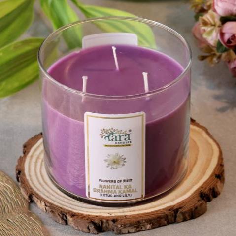 Nanital Ka Brahma Kamal - 3 Wick Scented Candle - Clear Glass Jar - Tara Candles