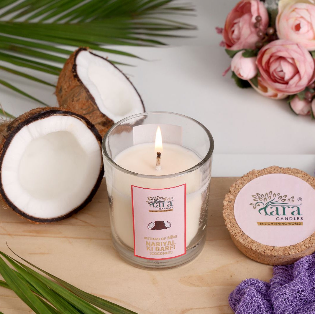 Nariyal Ki Barfi - 1 Wick Scented Candle -  Glass Jar Cork Lid - Tara Candles