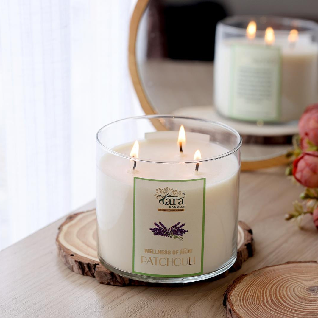 Patchouli - 3 Wick Scented Candle - Clear Glass Jar - Tara Candles