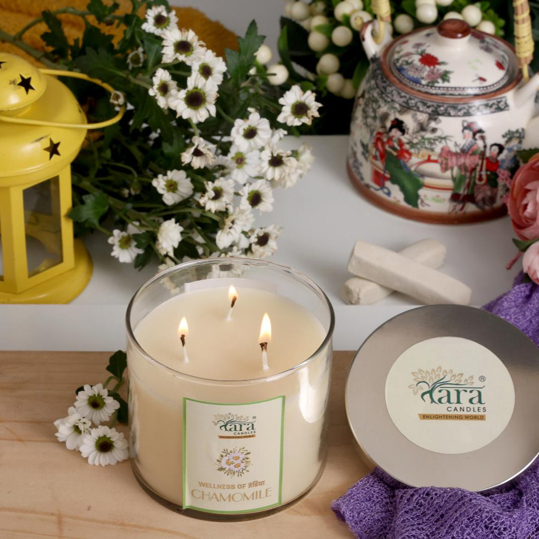 Chamomile - 3 Wick Scented Candle - Clear Glass Jar - Tara Candles
