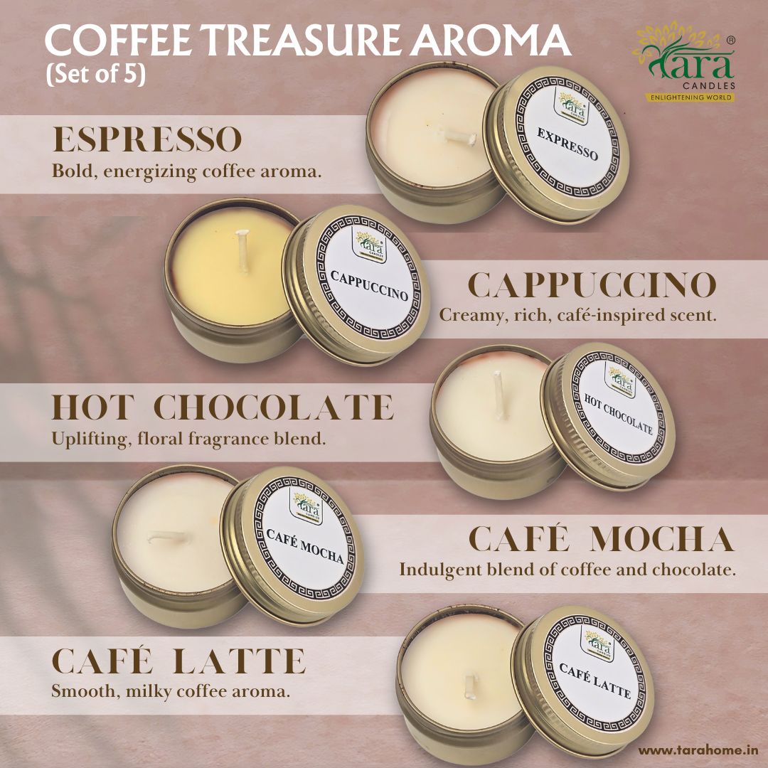 Coffee Treasure Aroma Collection | Scented Tin Candle | Set of 5 | Single Wick