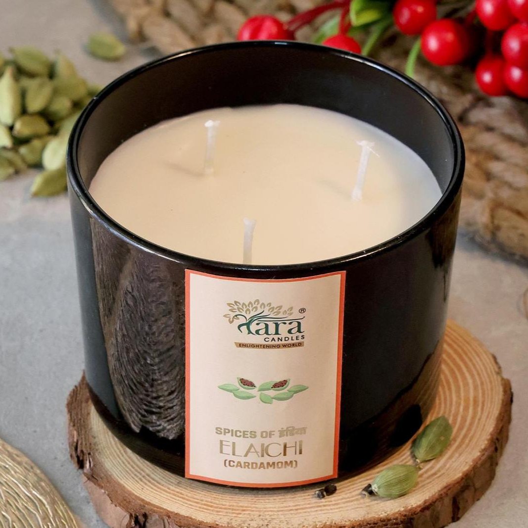 Elaichi - 3 Wick Scented Candle - Amber Glass Jar - Large - Tara Candles

