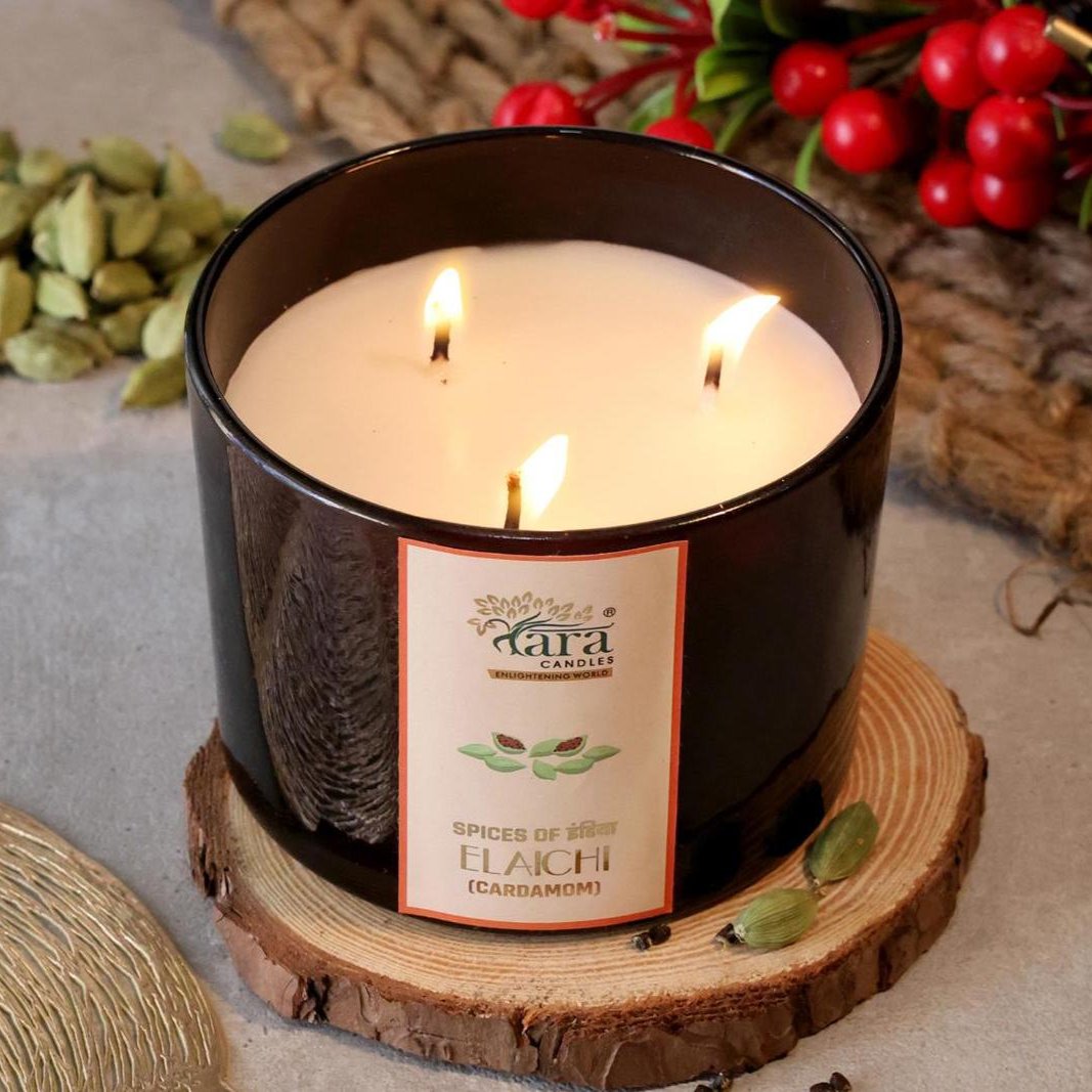 Elaichi - 3 Wick Scented Candle - Amber Glass Jar - Large - Tara Candles
