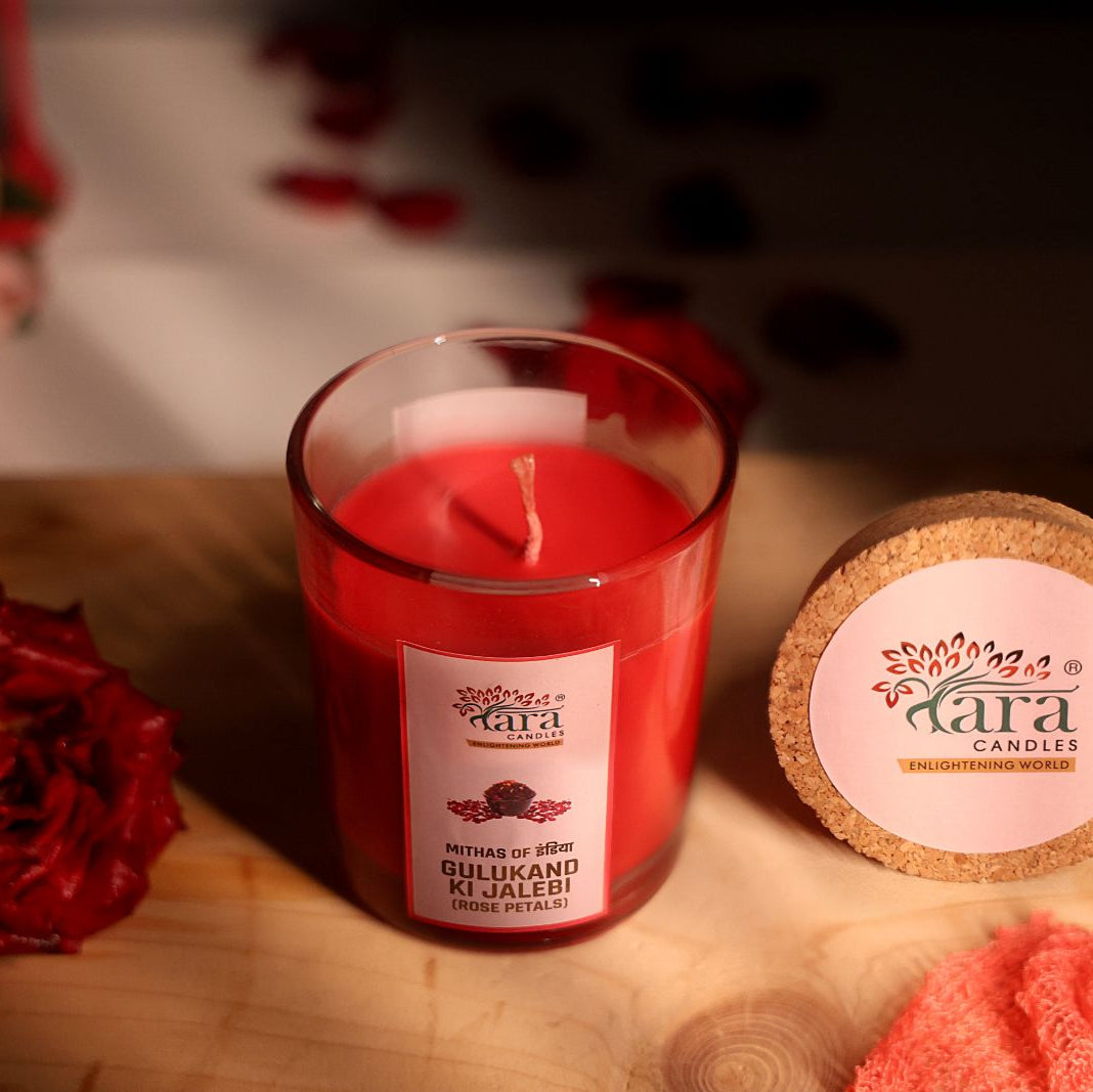 Gulukand Ki Jalebi - 1 Wick Scented Candle -  Glass Jar Cork Lid - Tara Candles
