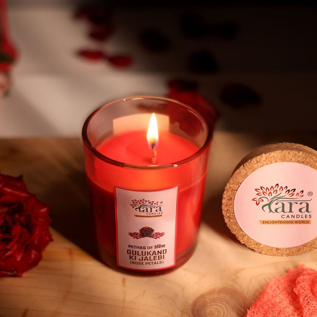 Gulukand Ki Jalebi - 1 Wick Scented Candle -  Glass Jar Cork Lid - Tara Candles
