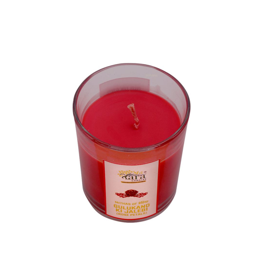 Gulukand Ki Jalebi - 1 Wick Scented Candle -  Glass Jar Cork Lid - Tara Candles
