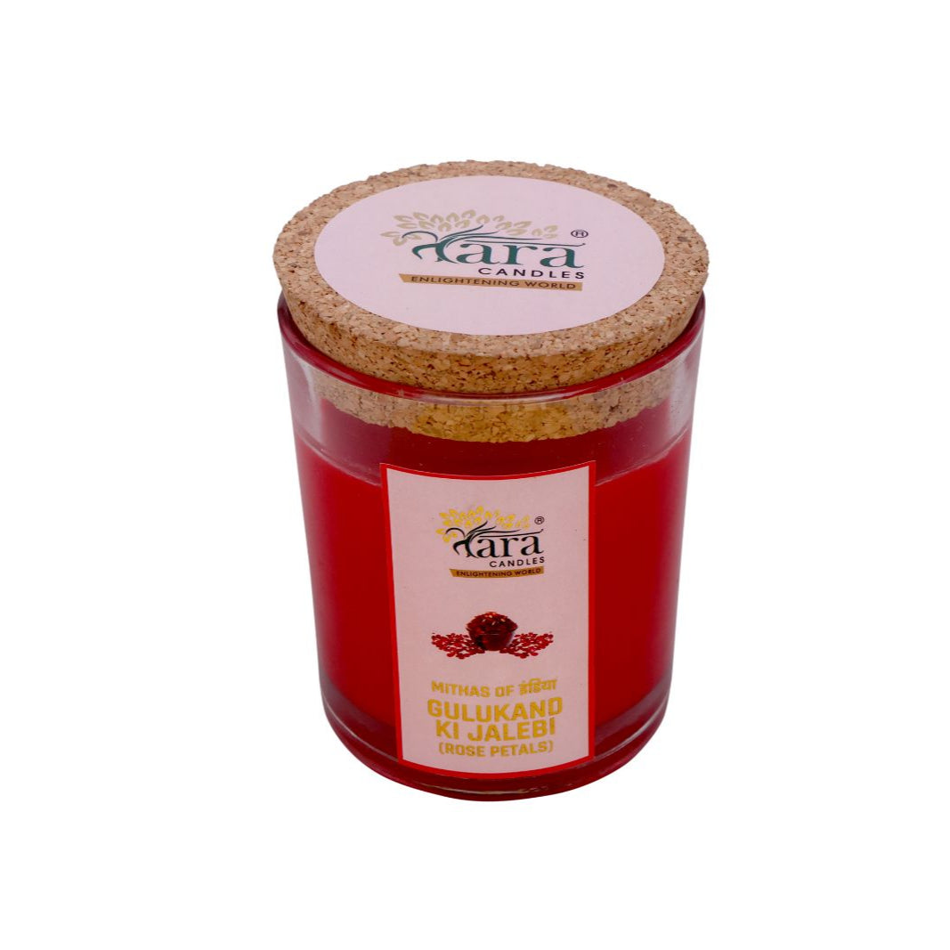 Gulukand Ki Jalebi - 1 Wick Scented Candle -  Glass Jar Cork Lid - Tara Candles
