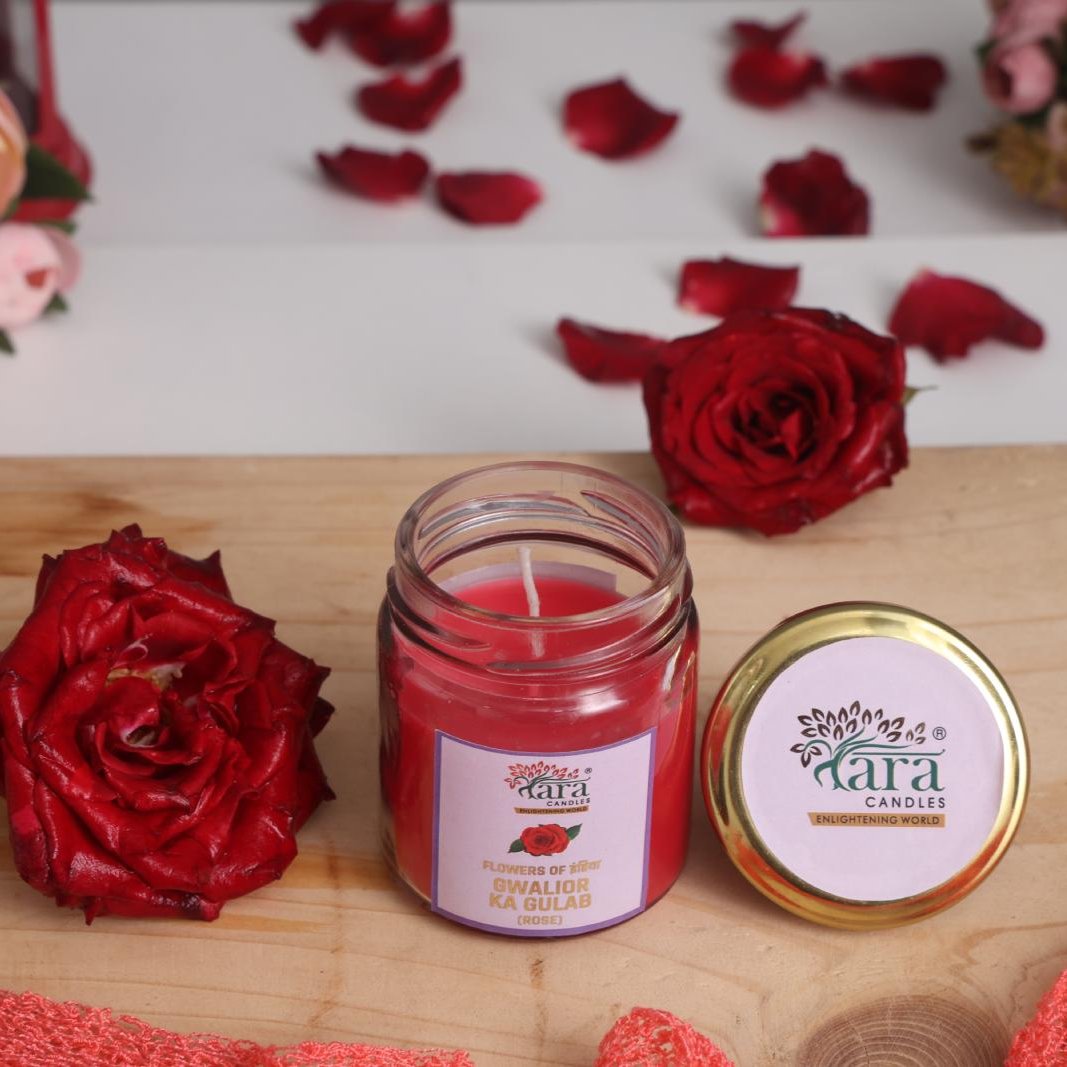 Gwalior Ka Gulab - 1 Wick Scented Candle - Plain Glass Jar - Tara Candles
