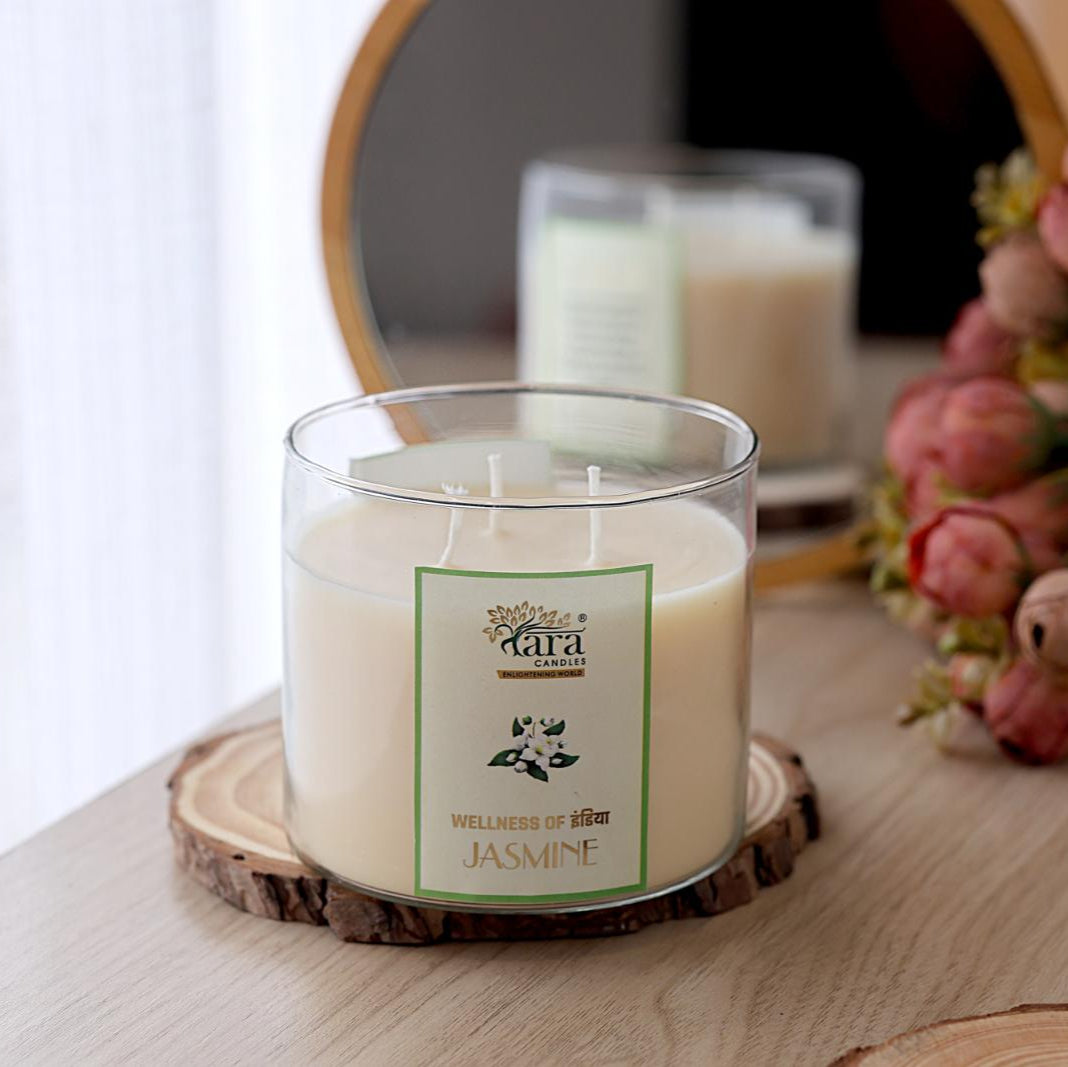 Jasmine - 3 Wick Scented Candle - Clear Glass Jar - Tara Candles
