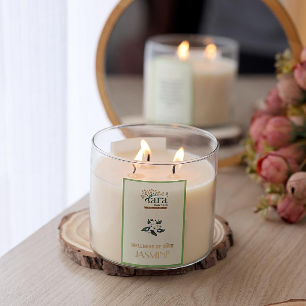 Jasmine - 3 Wick Scented Candle - Clear Glass Jar - Tara Candles

