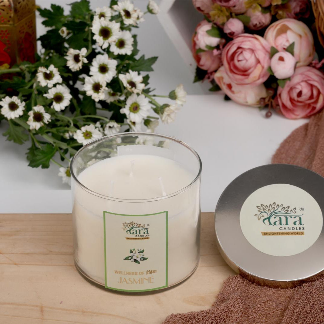 Jasmine - 3 Wick Scented Candle - Clear Glass Jar - Tara Candles
