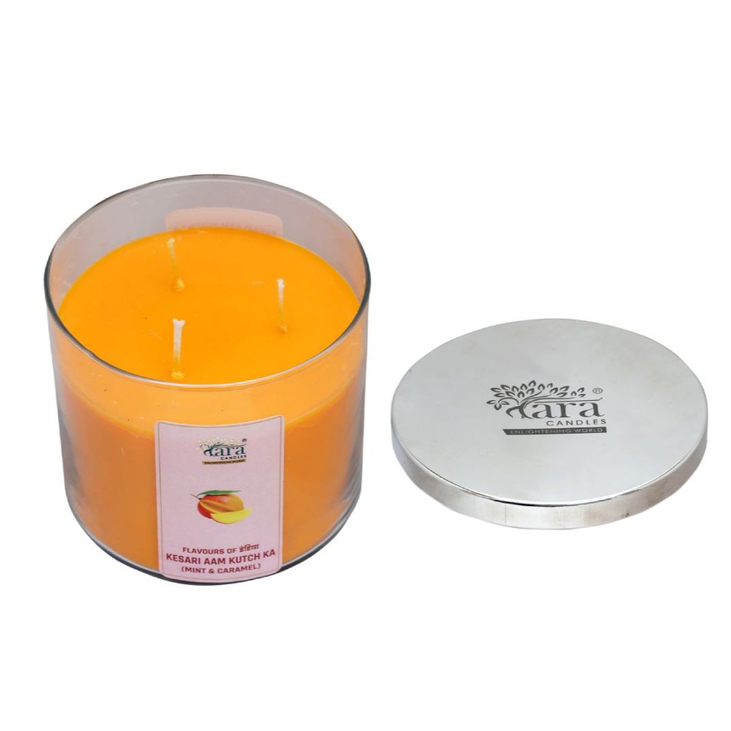 Kesari Aam Kutch Ka - 3 Wick Scented Candle - Clear Glass Jar - Tara Candles