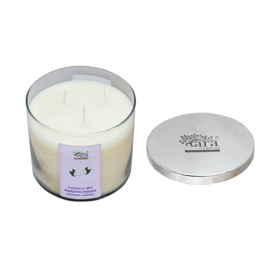 Marathi Mogra - 3 Wick Scented Candle - Clear Glass Jar - Tara Candles