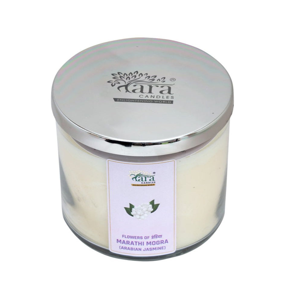 Marathi Mogra - 3 Wick Scented Candle - Clear Glass Jar - Tara Candles