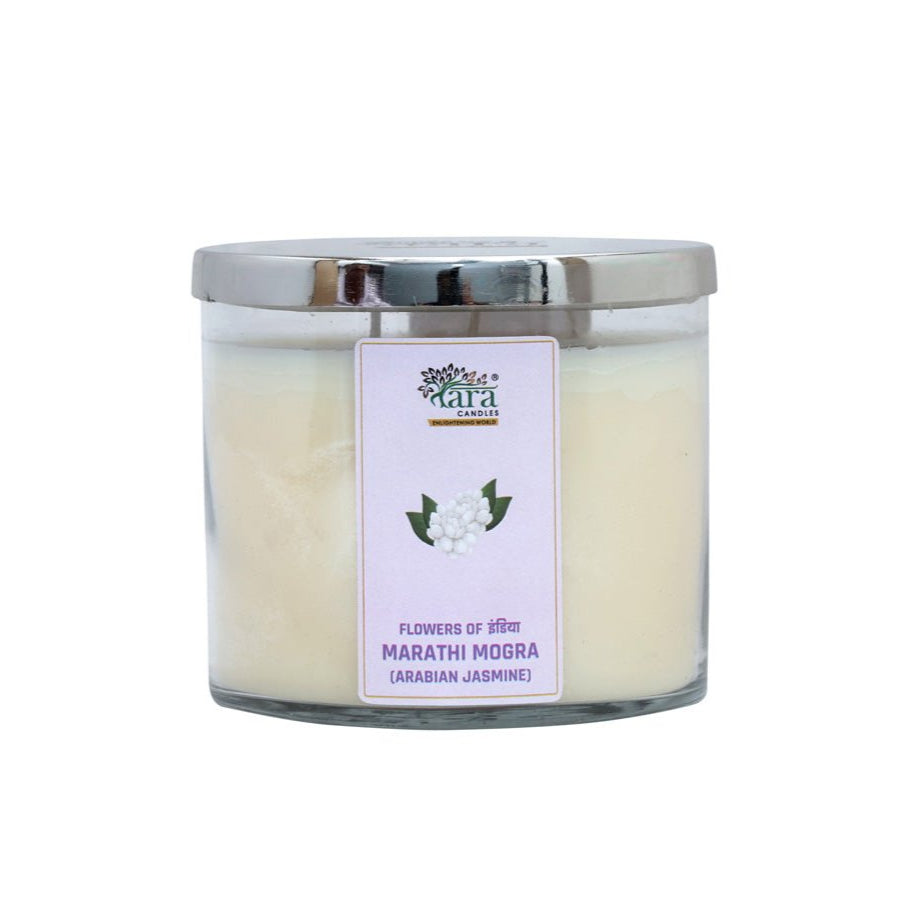 Marathi Mogra - 3 Wick Scented Candle - Clear Glass Jar - Tara Candles