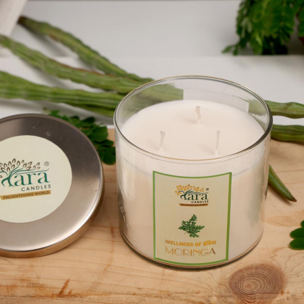 Moringa - 3 Wick Scented Candle - Clear Glass Jar - Tara Candles
