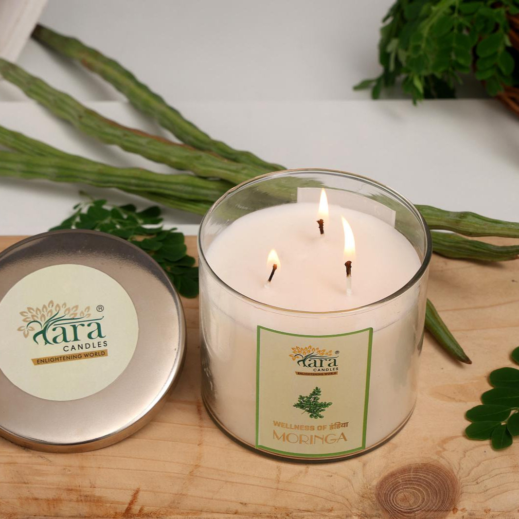 Moringa - 3 Wick Scented Candle - Clear Glass Jar - Tara Candles

