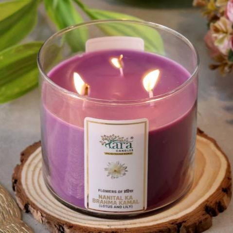 Nanital Ka Brahma Kamal - 3 Wick Scented Candle - Clear Glass Jar - Tara Candles
