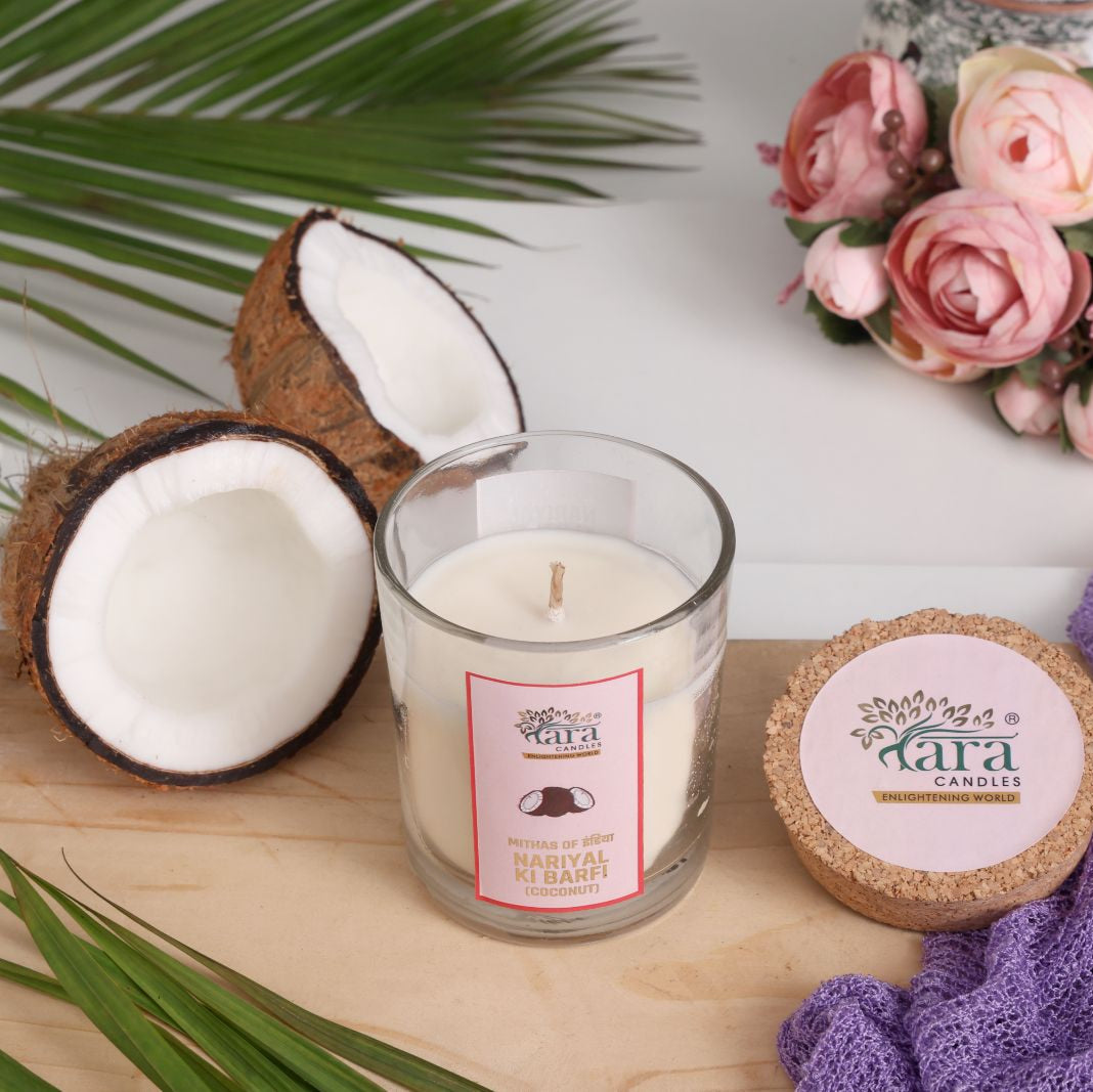 Nariyal Ki Barfi - 1 Wick Scented Candle -  Glass Jar Cork Lid - Tara Candles
