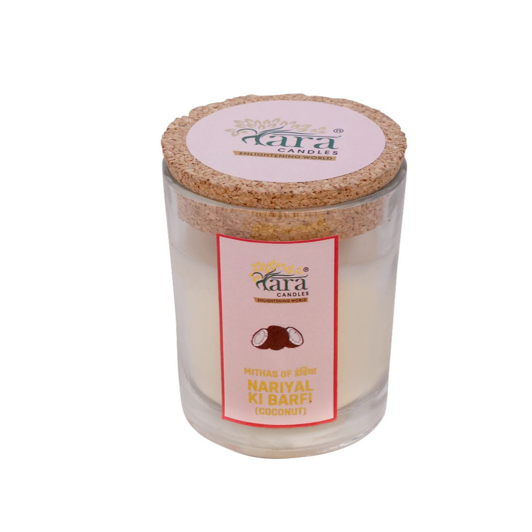 Nariyal Ki Barfi - 1 Wick Scented Candle -  Glass Jar Cork Lid - Tara Candles
