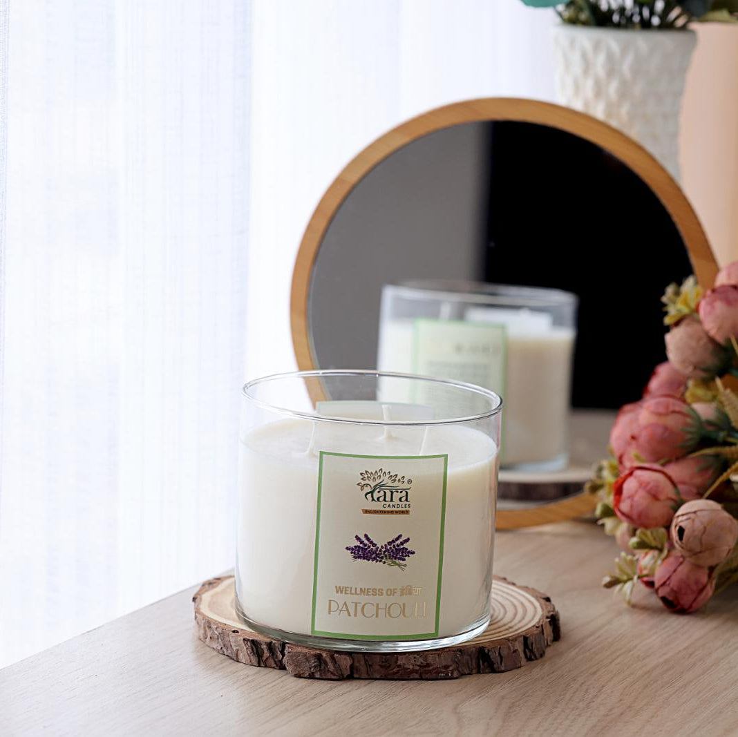 Patchouli - 3 Wick Scented Candle - Clear Glass Jar - Tara Candles
