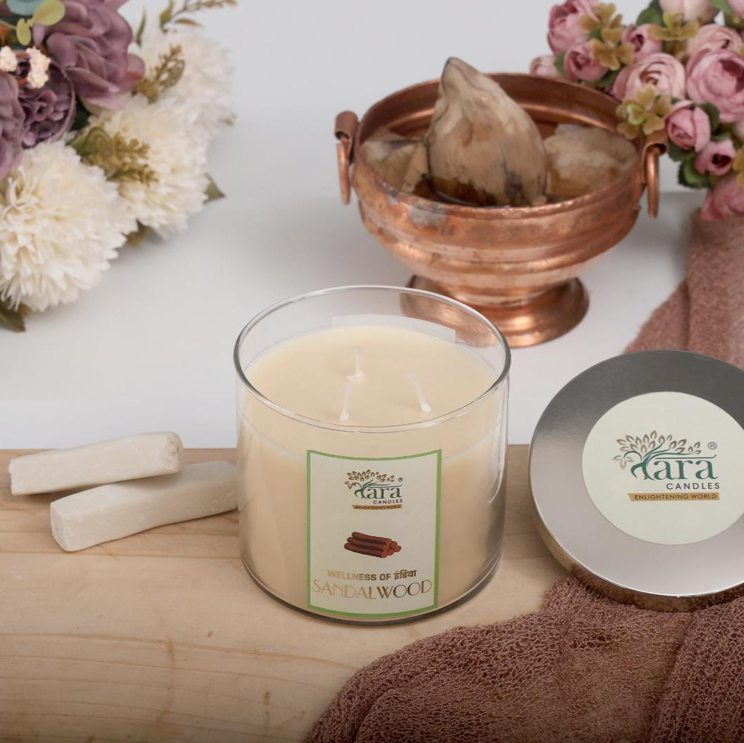 Sandalwood- 3 Wick Scented Candle - Clear Glass Jar - Tara Candles
