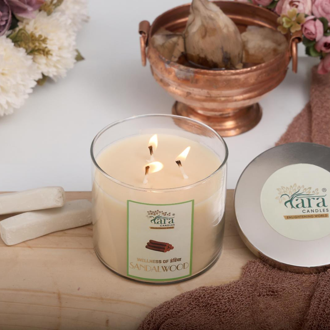 Sandalwood- 3 Wick Scented Candle - Clear Glass Jar - Tara Candles

