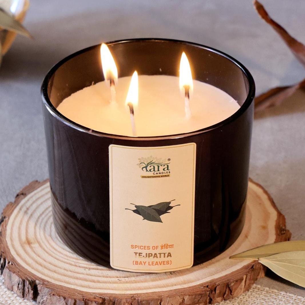 Tejpatta - 3 Wick Scented Candle - Amber Glass Jar - Large - Tara Candles
